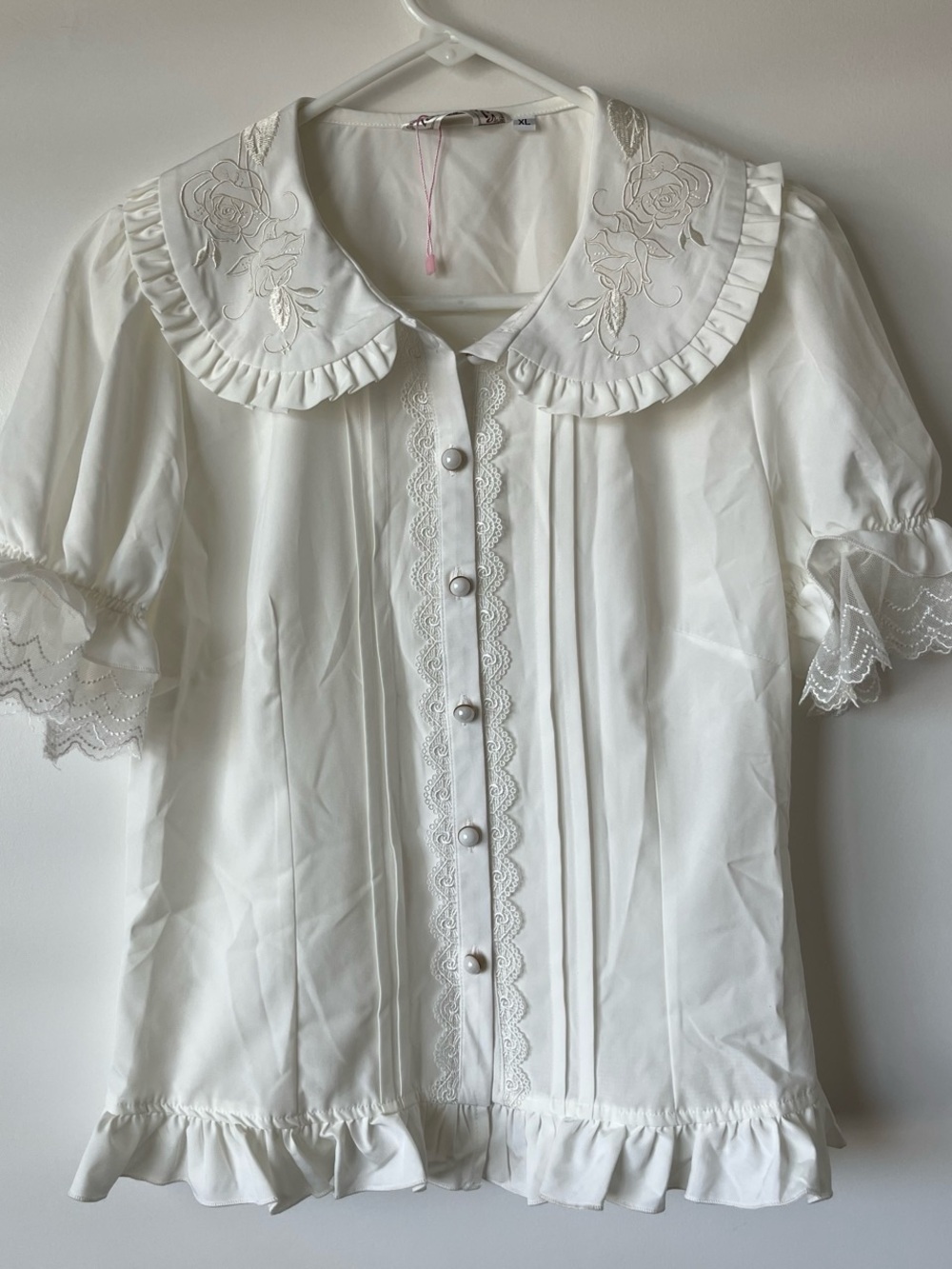 White Button-Up Blouse with Ruffle and Lace Details